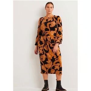 Boden Womens Dress UK 10 US 6 Gold Paisley Puff Sleeve Knot detail D0431 NWT